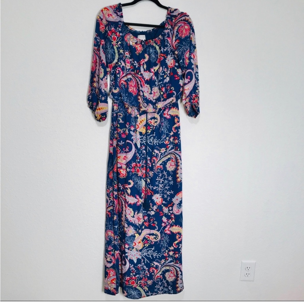 Bisou Bisou Michele Boho Blue Floral Paisley Off Shoulder Maxi Dress Size 8